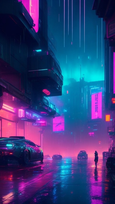 AI Generated Aesthetic cyberpunk style city street at night Wallpaper Mobile (11)