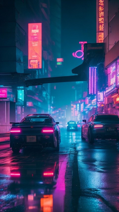 AI Generated Aesthetic cyberpunk style city street at night Wallpaper Mobile (4)