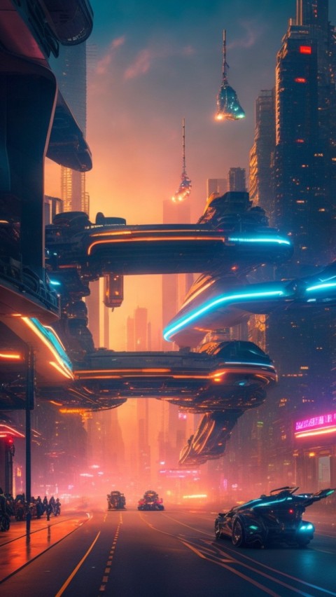 AI Generated Aesthetic cyberpunk style city street at night Wallpaper Mobile (1)