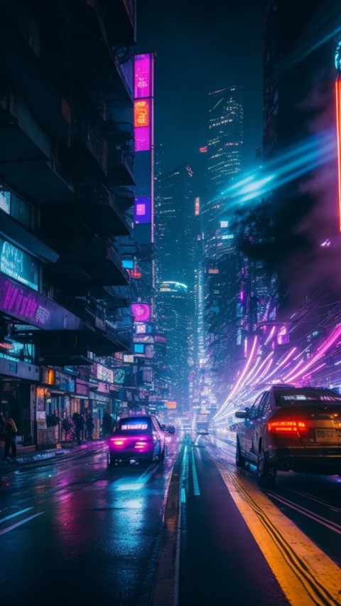 AI Generated Aesthetic cyberpunk style city street at night Wallpaper Mobile (35)