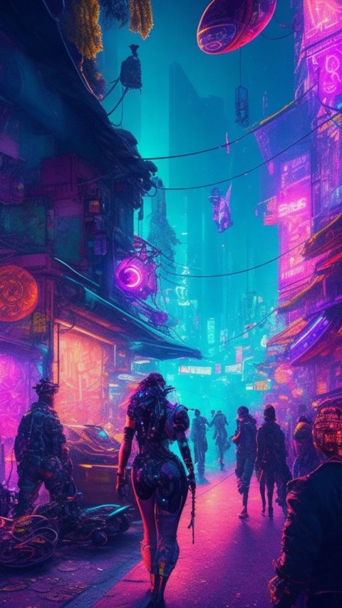 AI Generated Aesthetic cyberpunk style city street at night Wallpaper Mobile (2)
