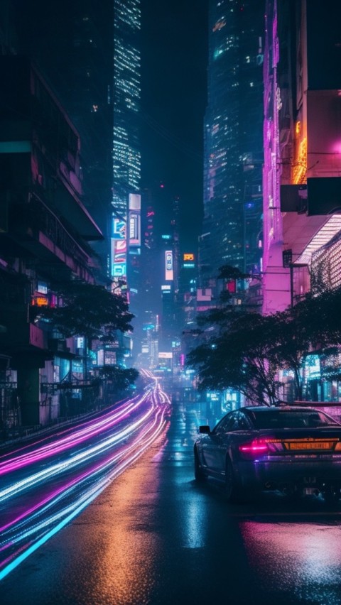 AI Generated Aesthetic cyberpunk style city street at night Wallpaper Mobile (29)