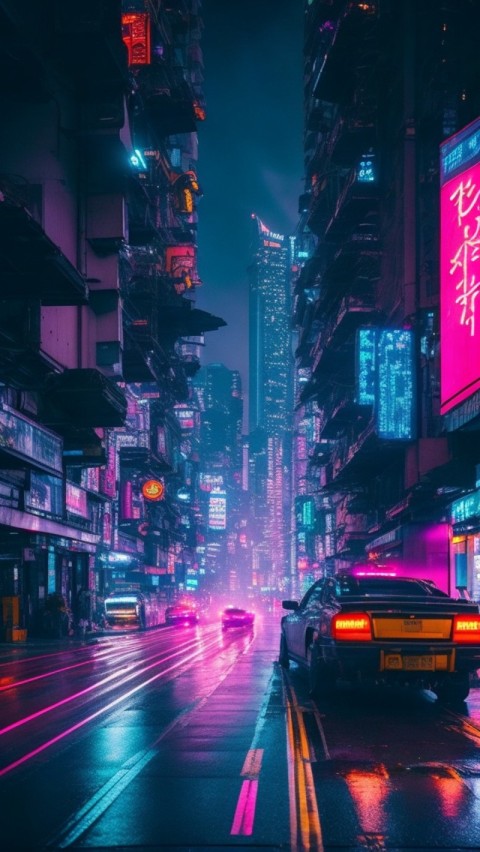 AI Generated Aesthetic cyberpunk style city street at night Wallpaper Mobile (30)