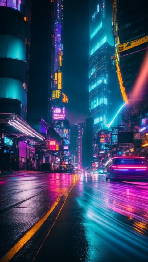 AI Generated Aesthetic cyberpunk style city street at night Wallpaper Mobile (31)