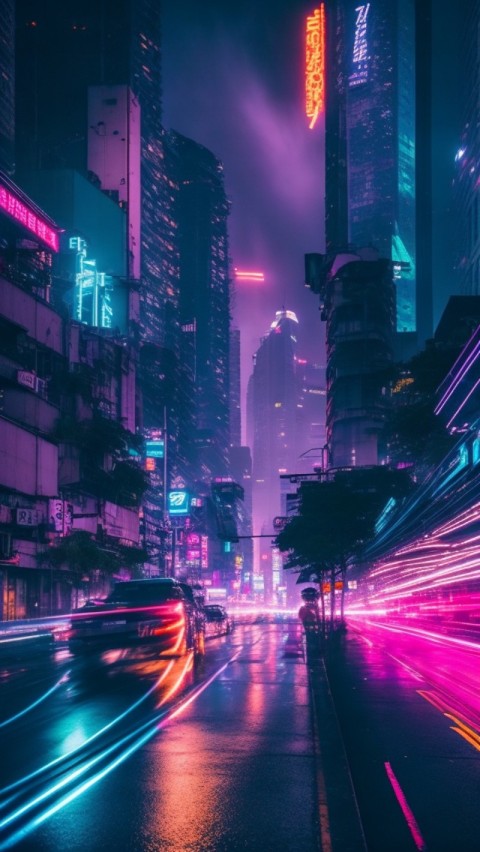 AI Generated Aesthetic cyberpunk style city street at night Wallpaper Mobile (32)