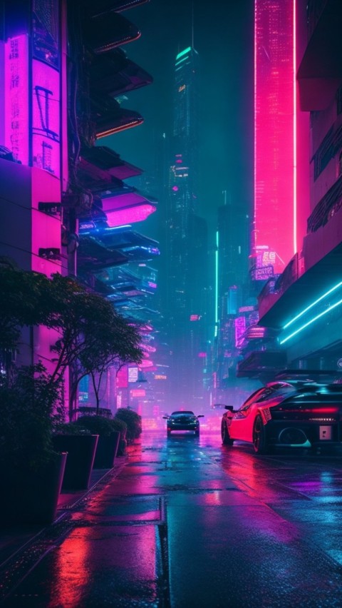 AI Generated Aesthetic cyberpunk style city street at night Wallpaper Mobile (34)