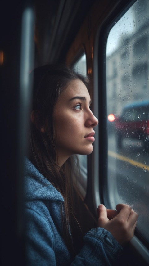 Woman Looking Out Of Window With Rain Feeling Lonely  Aesthetic (17)
