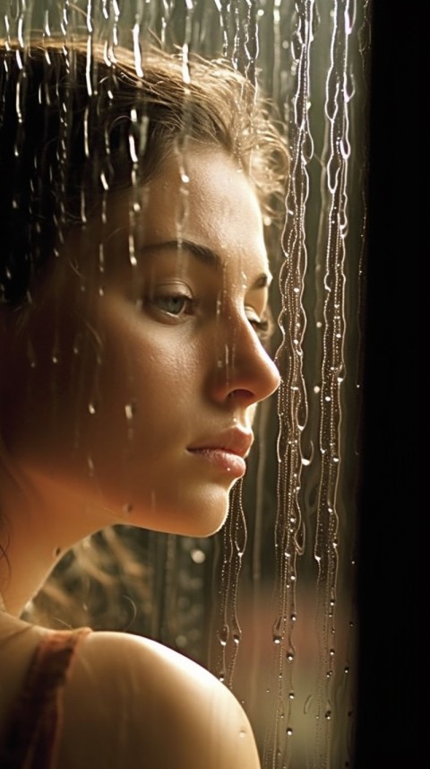 Woman Looking Out Of Window With Rain Feeling Lonely  Aesthetic (13)