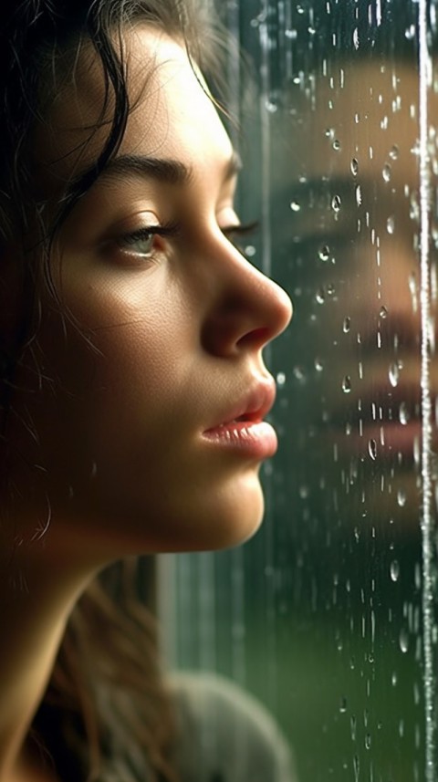 Woman Looking Out Of Window With Rain Feeling Lonely  Aesthetic (11)