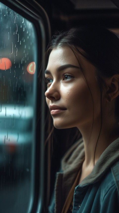 Woman Looking Out Of Window With Rain Feeling Lonely  Aesthetic (25)