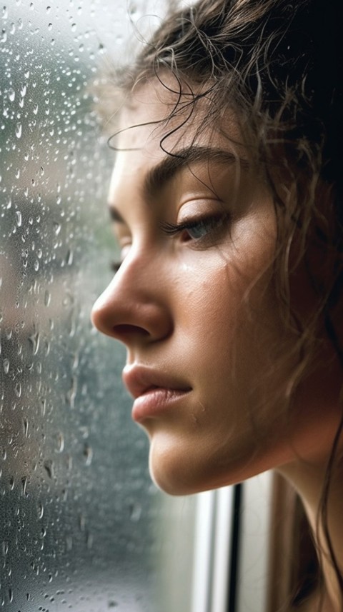 Woman Looking Out Of Window With Rain Feeling Lonely  Aesthetic (7)