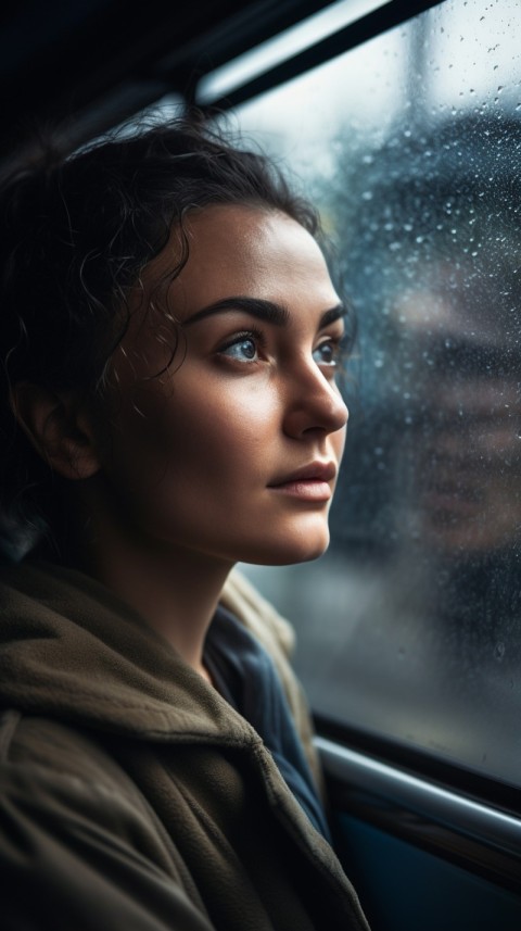 Woman Looking Out Of Window With Rain Feeling Lonely  Aesthetic (30)