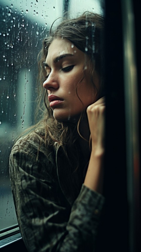 Woman Looking Out Of Window With Rain Feeling Lonely  Aesthetic (50)