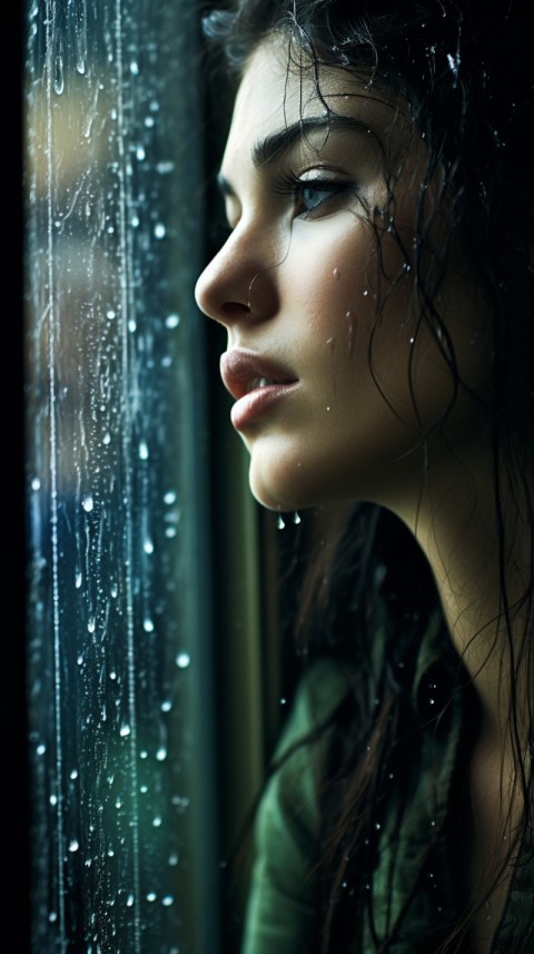 Woman Looking Out Of Window With Rain Feeling Lonely  Aesthetic (3)