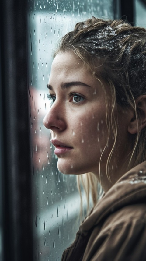 Woman Looking Out Of Window With Rain Feeling Lonely  Aesthetic (15)