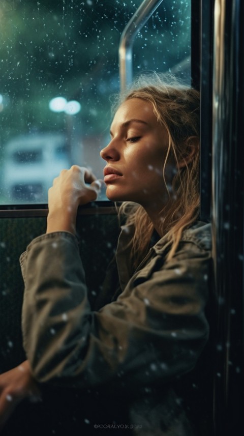 Woman Looking Out Of Window With Rain Feeling Lonely  Aesthetic (57)