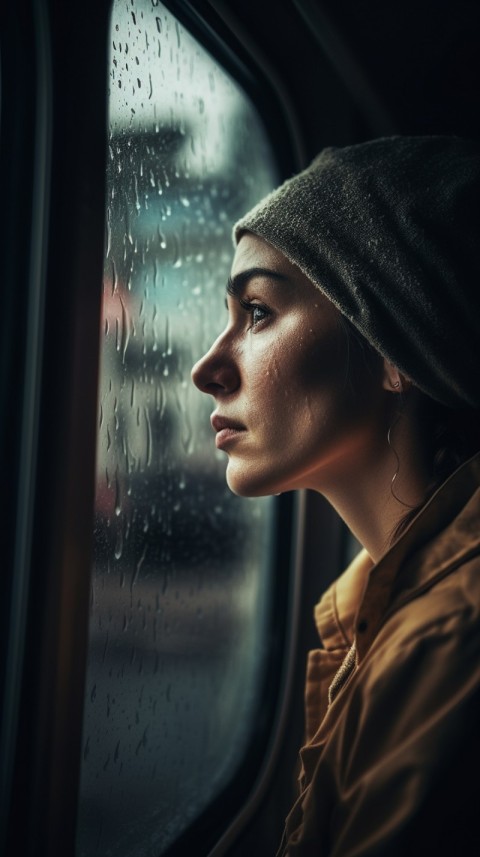 Woman Looking Out Of Window With Rain Feeling Lonely  Aesthetic (66)