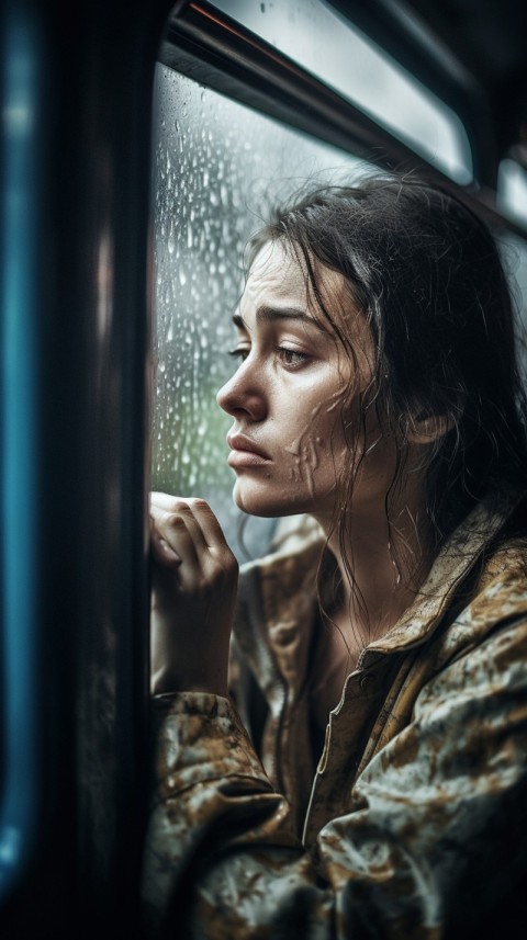 Woman Looking Out Of Window With Rain Feeling Lonely  Aesthetic (51)