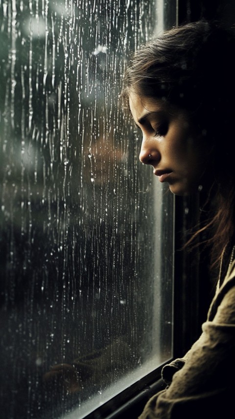 Woman Looking Out Of Window With Rain Feeling Lonely  Aesthetic (161)