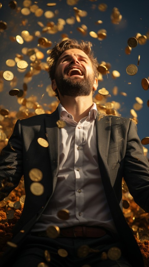 Businessman celebrating golden bitcoin rain on sky (13)