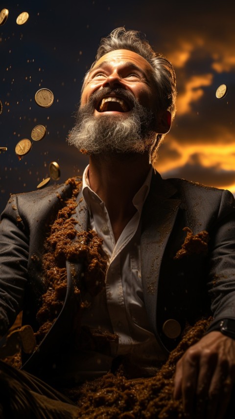 Businessman celebrating golden bitcoin rain on sky (19)