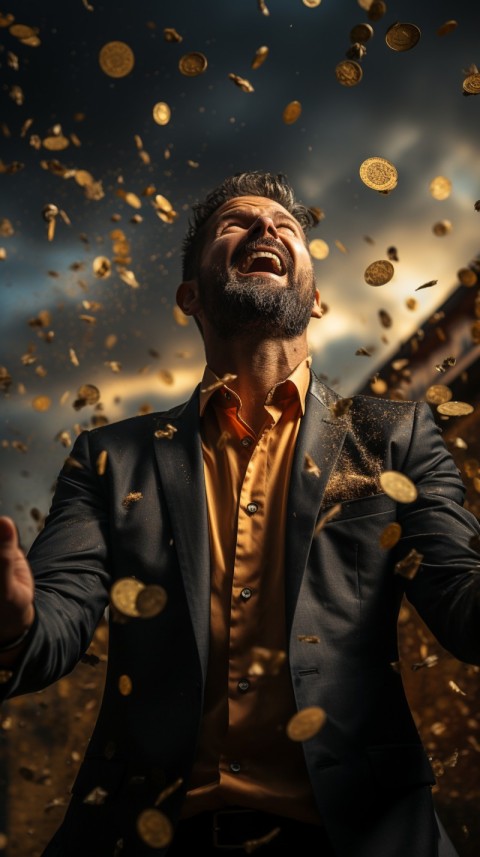 Businessman celebrating golden bitcoin rain on sky (7)