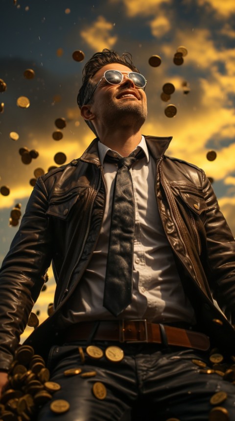 Businessman celebrating golden bitcoin rain on sky (10)