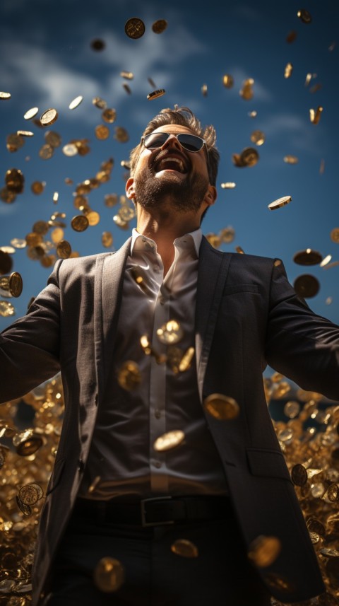 Businessman celebrating golden bitcoin rain on sky (31)