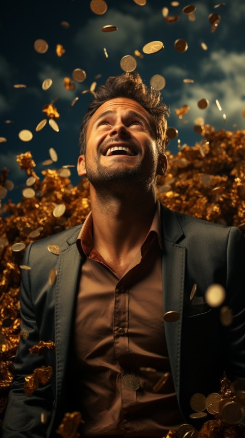 Businessman celebrating golden bitcoin rain on sky (29)
