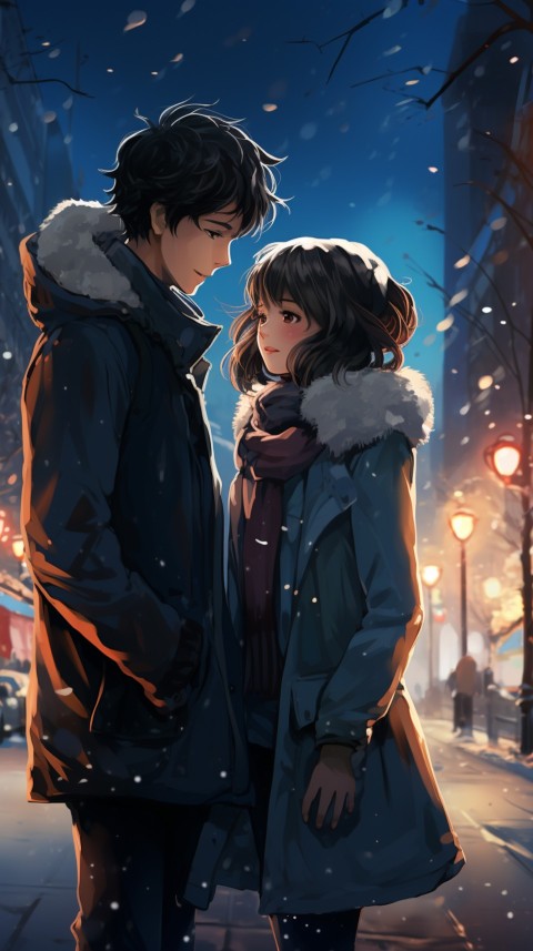 Cute Romantic Anime Couple At Snowing Road Aesthetic (12)
