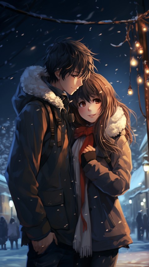 Cute Romantic Anime Couple At Snowing Road Aesthetic (17)