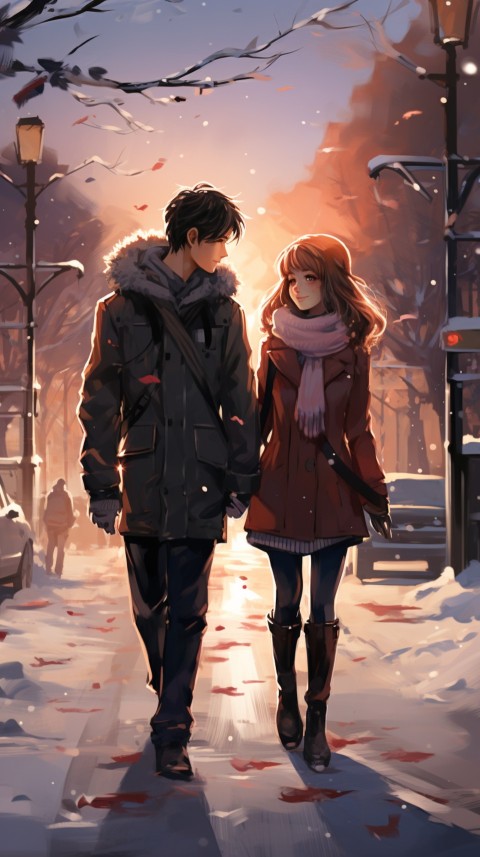 Cute Romantic Anime Couple At Snowing Road Aesthetic (9)