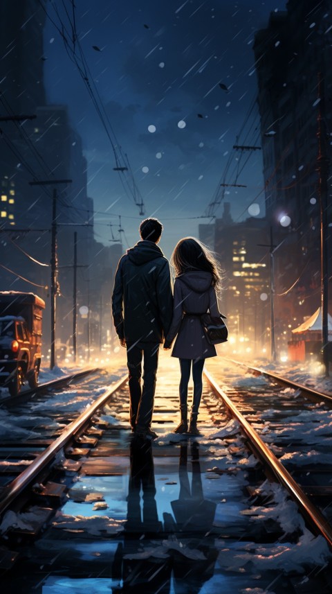 Cute Romantic Anime Couple At Snowing Road Aesthetic (5)