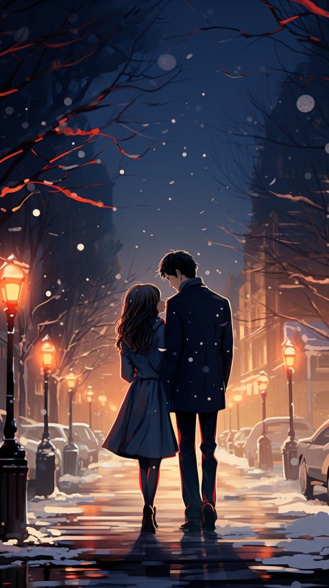 Cute Romantic Anime Couple At Snowing Road Aesthetic (3)