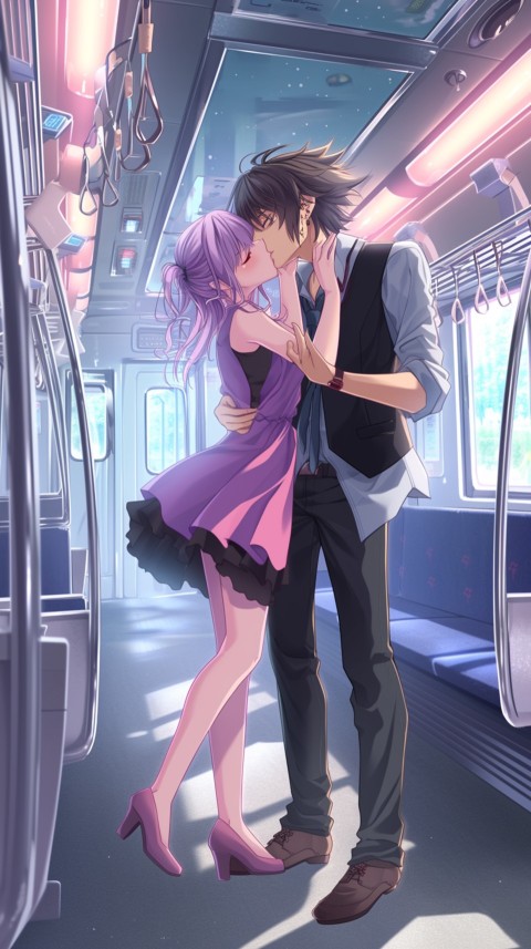 Cute Romantic Anime Couple Kissing on Train Aesthetic (32)