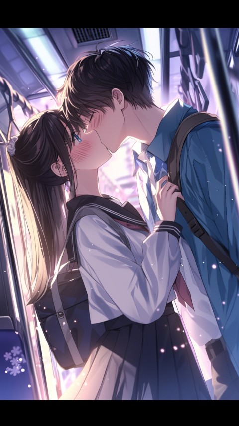 Cute Romantic Anime Couple Kissing on Train Aesthetic (54)