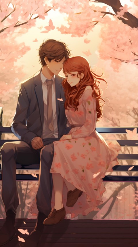 Cute romantic anime couple sitting on bench Aesthetic (16)