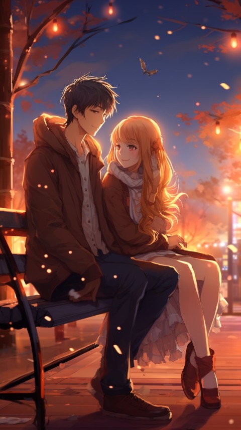 Cute romantic anime couple sitting on bench Aesthetic (13)