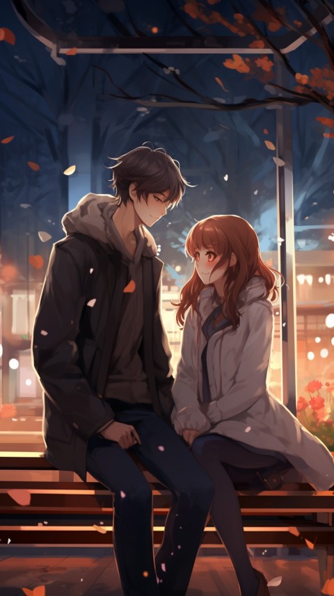 Cute romantic anime couple sitting on bench Aesthetic (11)
