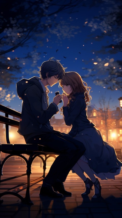 Cute Romantic Anime Couple Sitting On Bench At Night Aesthetic (2)