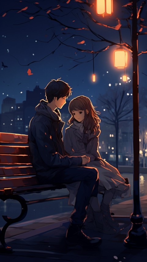 Cute Romantic Anime Couple Sitting On Bench At Night Aesthetic (3)