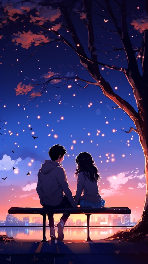 Cute Romantic Anime Couple Sitting On Bench At Night Aesthetic (7)