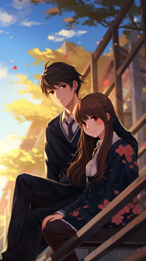 Cute School Romantic Anime Couple Sitting on Bench Aesthetic (14)