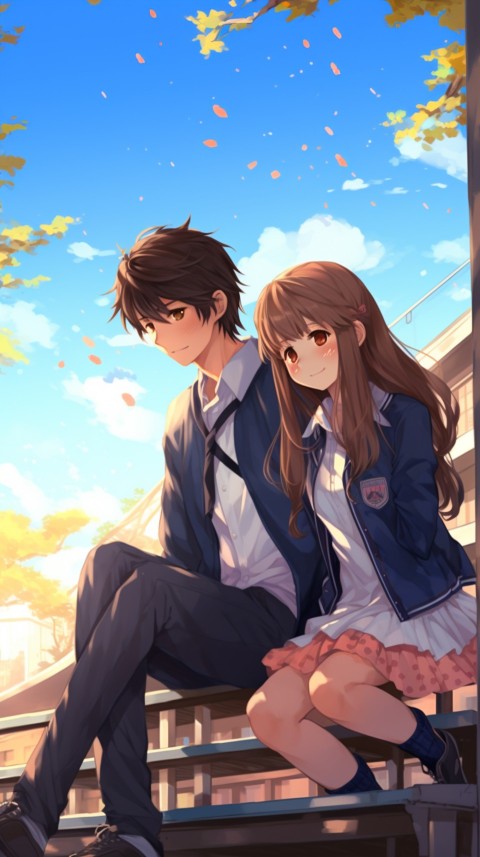 Cute School Romantic Anime Couple Sitting on Bench Aesthetic (5)