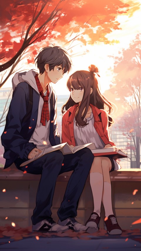 Cute School Romantic Anime Couple Sitting on Bench Aesthetic (8)