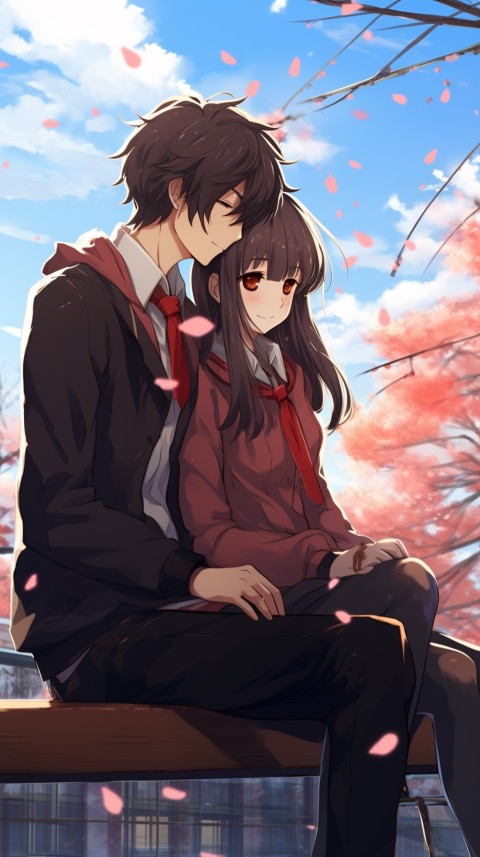 Cute School Romantic Anime Couple Sitting on Bench Aesthetic (15)