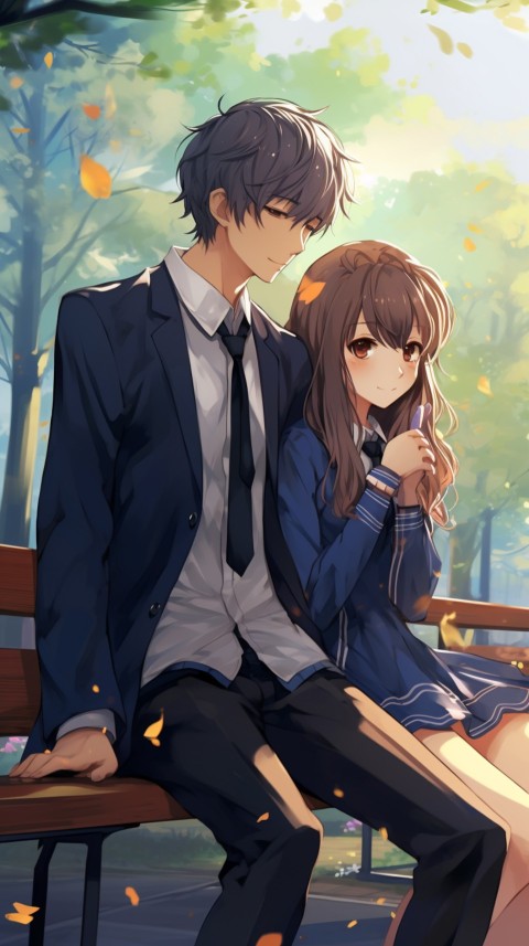 Cute School Romantic Anime Couple Sitting on Bench Aesthetic (6)