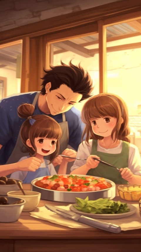 Happy Anime Family in the Kitchen Food (103)