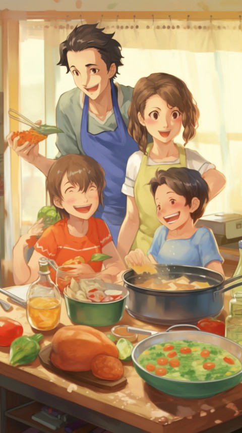 Happy Anime Family in the Kitchen Food (117)