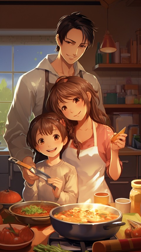 Happy Anime Family in the Kitchen Food (199)